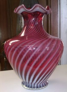 Fenton Cranberry Opalescent Art Glass Stripe Ruffle Top Vase 12 Tall 
