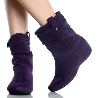 Hidden Wedge Boots Winter Ankle Purple Slouch Faux Suede Womens Heels 