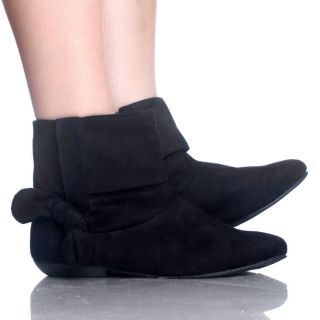 Black Ankle Booties Fold Over Comfort Bow Faux Suede Womens Flat Boots 
