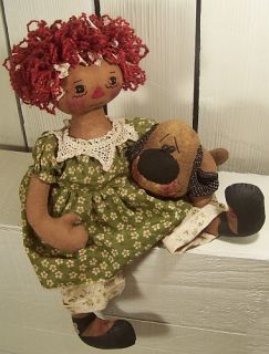 Primitive Raggedy Annie with Puppy Dog Love Cloth Craft Doll Sewing 