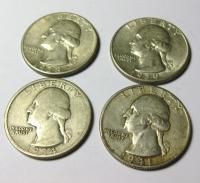 Lot of 4 Washington Quarters   1934, 1938, 1939, 1941   90% Silver
