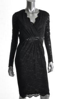 Anne Klein New Black Lace Overlay Embellished Surplice Cocktail 