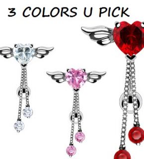 Angel Wings Heart Belly Navel Ring Reverse CZ Chain Dangle Button B264 