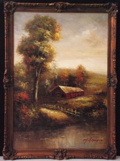 Large Vintage Style Red Barn By The lake oil Painting 44 x31 inches 