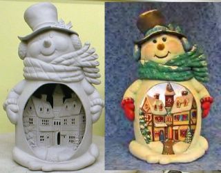 Ceramic Bisque Light Up Frosty w Village Scene You Paint
