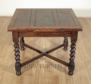 Antique English Solid Oak Jacobean 5ft Drawleaf Dining Pub Table c1920 