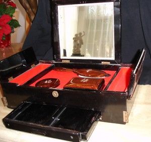 Vintage Japanese Red Black LACQUER Jewelry CHEST Box with Brush 