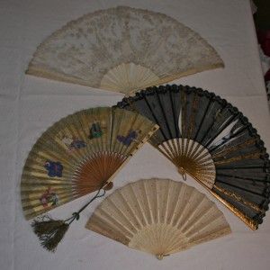 Antique Fan Lot for Repair 4 Lace Painted Fans 19th Century Japanese 