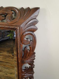 Antique Mantel Mirror Carved Oak Pierced Frame Large O L D Beveled 