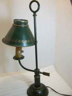 Vintage Green Antique Gold Painted Tin Tole Student Lamp Working