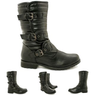 New Womens Flat Buckle Quilted Biker Ankle Boots Size
