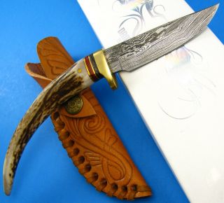 Stag Antler Tip Handle Damascus Blade Skinning Knife w/ Custom Leather 
