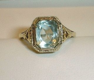 Art Deco Filigree Emerald Cut Aquamarine Ring
