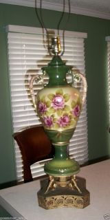 ANTIQUE TABLE LAMP CERAMIC FLORALSIGNED BY ARTIST BRASS BASE