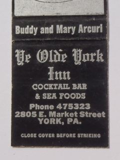   ? Matchbook Ye Olde York Inn Cocktail Bar Sea Foods Arcuri York PA