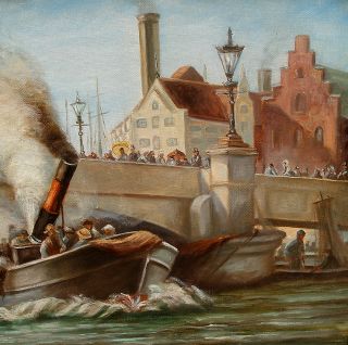 Fine marine oil. A steamer going under bridge. 1910. Signed.