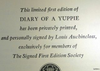 Diary of a Yuppie   SIGNED Louis Auchincloss   Limited First Edition 