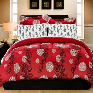   Vining Floral on Red 8 Piece Queen Comforter Set Bed in A Bag