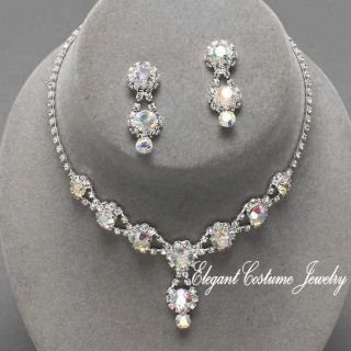 Aurora Borealis Bridesmaid Prom Crystal Necklace Set ~ Elegant 