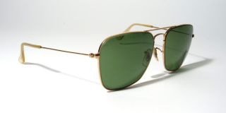 Vintage 1960s Ray Ban B L Square Aviator Sunglasses Gold w Green Lens 