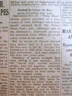 1934 NY Times Newspaper Gangster Baby Face Nelson Kills 2 FBI Agents 