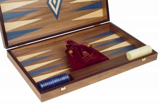 Manopoulos Walnut Backgammon Set with Blue Maple Points Medium