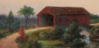   Antique American Maine Covered Bridge Oil Painting Bangor Hudson