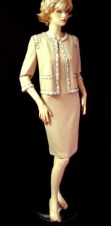   Couture Exquisite Trim Dress Suit Sz 4 Milano Knit Fawn Sequins