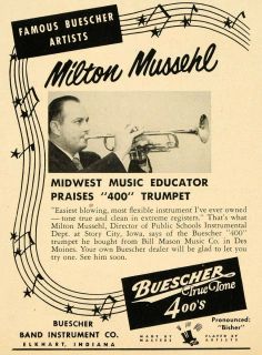 1952 Ad Buescher Band Instrument Milton Mussehl Trumpet   ORIGINAL 