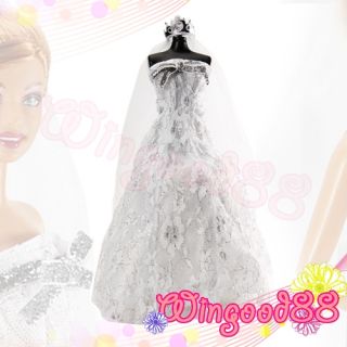   Glitter Silver Bow Wedding Dress Clothes Crown Veil For Barbie Dolls