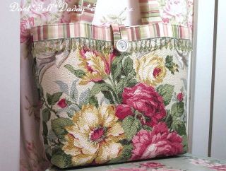 Shabby VINTAGE Chic 1940s BARKCLOTH Fabric TOTE bag ROSES Beaded Trim