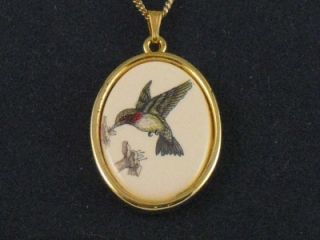 Stephen Barlow Designs Hummingbird Necklace Handpainted Scrimshaw Like 