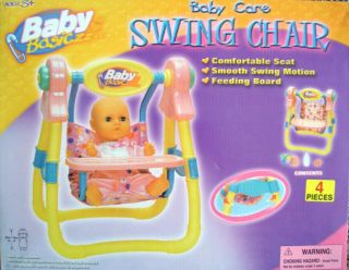 BABY BASICZ BABY DOLL SWING CHAIR SET WITH PACIFIER BOTTLE RATTLE TOY 