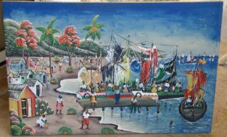 Large Haitian Oil 1950s Seaside Village Scene Signed