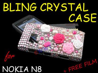 Flower Pink Rose Bling Crystal Cover Hard Case+LCD Film for Nokia N8 N 