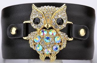 Gold black crystal leather owl stretchy bracelet 6;buy 10 items free 