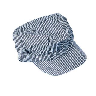 child blue engineer train railroad conductor hat cap time left
