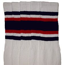   KNEE HIGH WHITE tube socks with NAVY BLUE/RED stripes style 4 (22 106