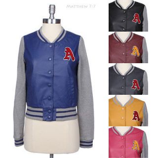 Patch Faux Leather Button Up Fleece Long Sleeve Varsity Baseball 