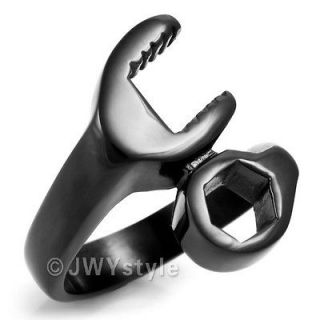 Size7,8,9,10,1​1,12,13 Black Wrench Spanner Stainless Steel Men Ring 