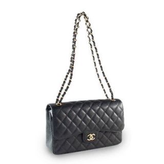 Authentic Chanel Black Caviar Leather Classic CoCo Jumbo Gold HDW 