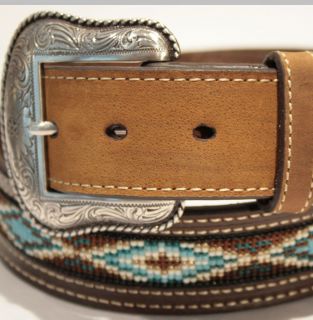 New Nocona Distressed Brown Beaded Leather Western Belt Cowboy