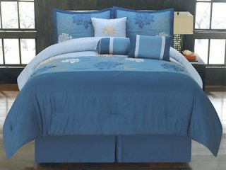 Piece Cal King Jacinta Blue Floral Embroidered Bedding Comforter Set