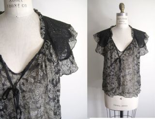 PHILLIP LIM Sheer Silk Printed Lace Cap Sleeve Blouse Top EUC 0