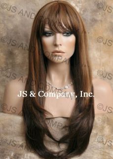 Human Hair Blend Wig Long Straight Brown Auburn Mix