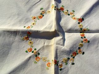 Handmade Vintage Linen Embroidered Floral Tablecloth