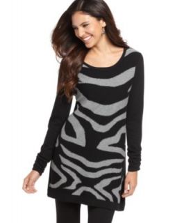 Alfani New Black Printed Front Scoop Neck Ruched Long Sleeve Tunic 
