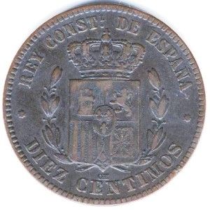 Spain 10 Centimos 1879 OM Alfonso XII Bronze High Grade