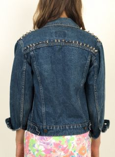 Vtg 80s Denim STUDDED SPIKES Shoulders DIY Jeans Jacket Small S