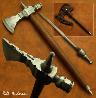 Bill Andersons HAND FORGED DAMASCUS PIPE TOMAHAWK KNIFE, HATCHET, AXE 